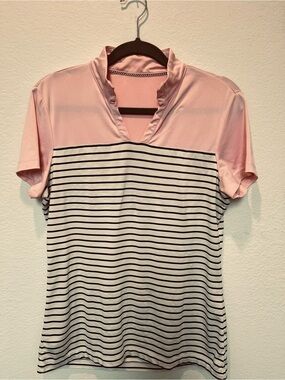 Pink & White Striped Short Sleeve V-Notch Top by Tail